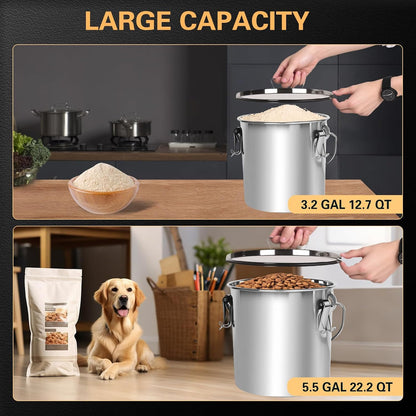 21L/5.6GAL and 12L/3.2GAL Stainless Steel Airtight Canister, Food Storage Canisters with Lid&Locking Clamp for Rice Flour Sugar Grain Coffee Bean Storage Containers (12L & 21L,2 CANISTERS)