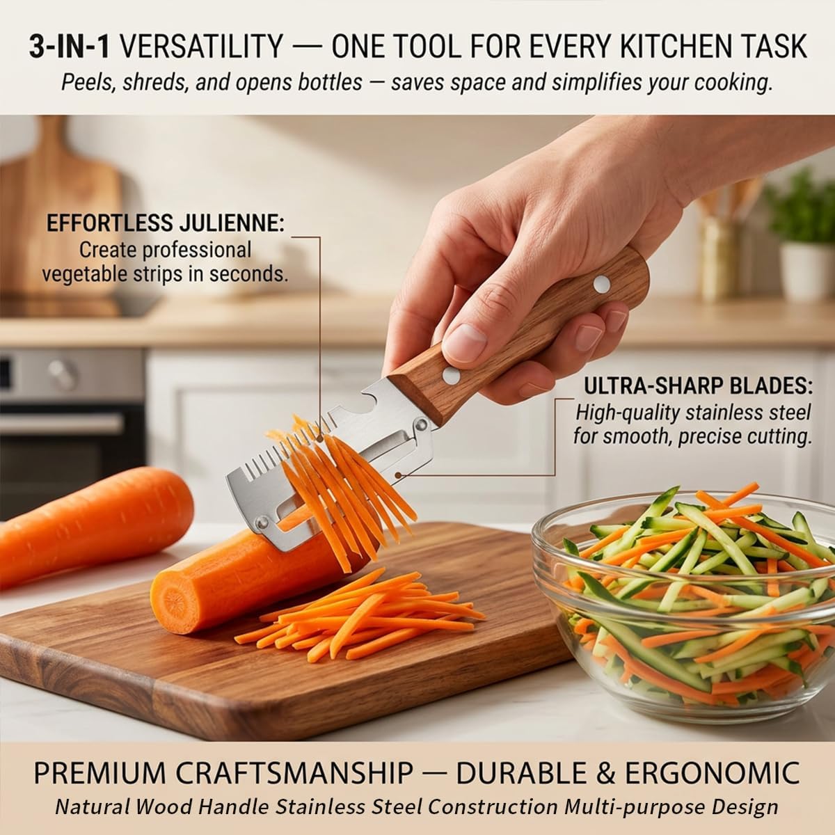 2 Pack Multifunctional Vegetable Peeler, 3-in-1 Peelers For Kitchen with Bottle Opener, Sharp Stainless Steel Swivel Blade, Wooden Handle, For Vegetables or Fruits that Need to Be Peeled