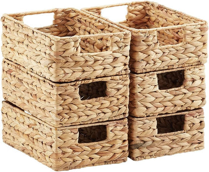 3-Pack Woven Water Hyacinth Baskets with Handles, Decorative Natural Storage Organizers for Closet Shelves, Pantry Essentials, Bathroom Accessories & Home Organization, X-Small, 7.5 x 10.75 x 4 Inches