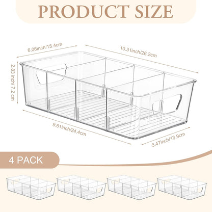 8 Pcs Pantry Organizers Bins, Clear Plastic Stackable Snack Storage Containers with 3 Dividers for Kitchen Cabinet Fridge Shelf Organization, 4 Compartment Holder