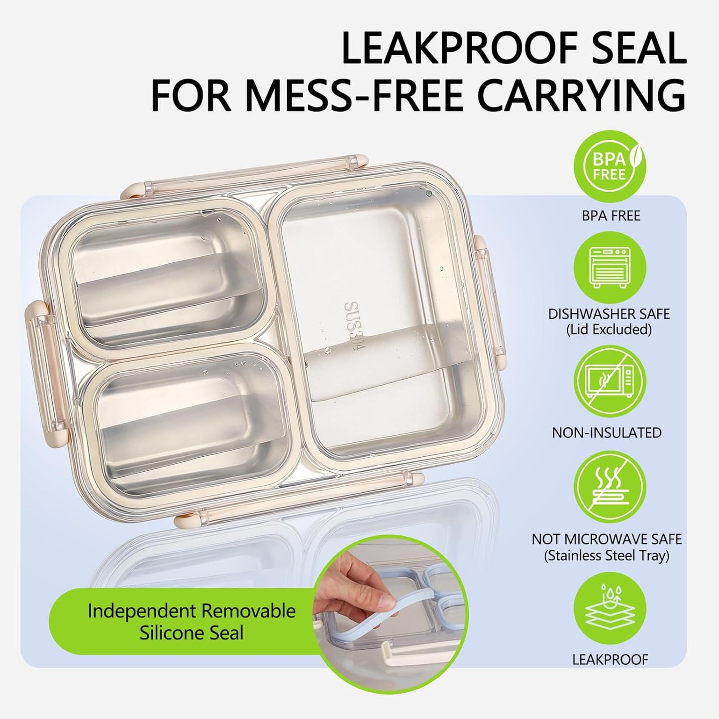 Stainless Steel Bento Box, 3 Compartments Leakproof Stainless Steel Snack Containers, 25 oz Premium 304 Metal Lunch Box for Adults, BPA-Free, Dishwasher Safe (Blue)