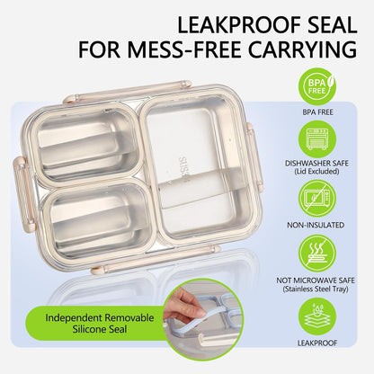 Stainless Steel Bento Box, 3 Compartments Leakproof Stainless Steel Snack Containers, 25 oz Premium 304 Metal Lunch Box for Adults, BPA-Free, Dishwasher Safe (Blue)