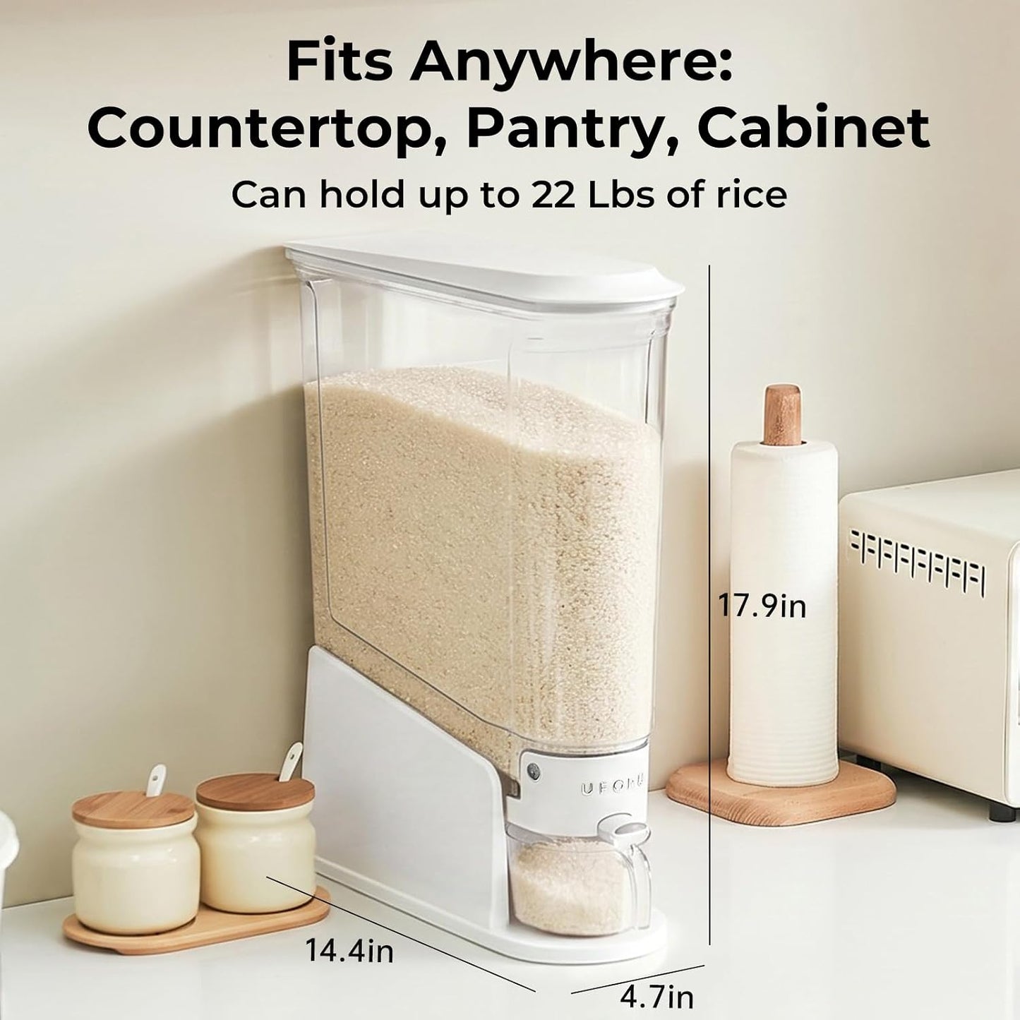 UFORU Rice Dispenser 11Lbs, Slim Rice Storage Container for Small Space, BPA-Free Clear Dry Food Dispenser Sealed Moisture Proof, Grain&Cereal Storage Bucket for Kitchen Pantry Household, Cream White