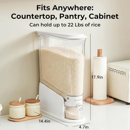 UFORU Rice Dispenser 22Lbs, Slim Rice Storage Container for Small Space, BPA-Free Clear Dry Food Dispenser Sealed Moisture Proof, Grain&Cereal Storage Bucket for Kitchen Pantry Household, Cream White