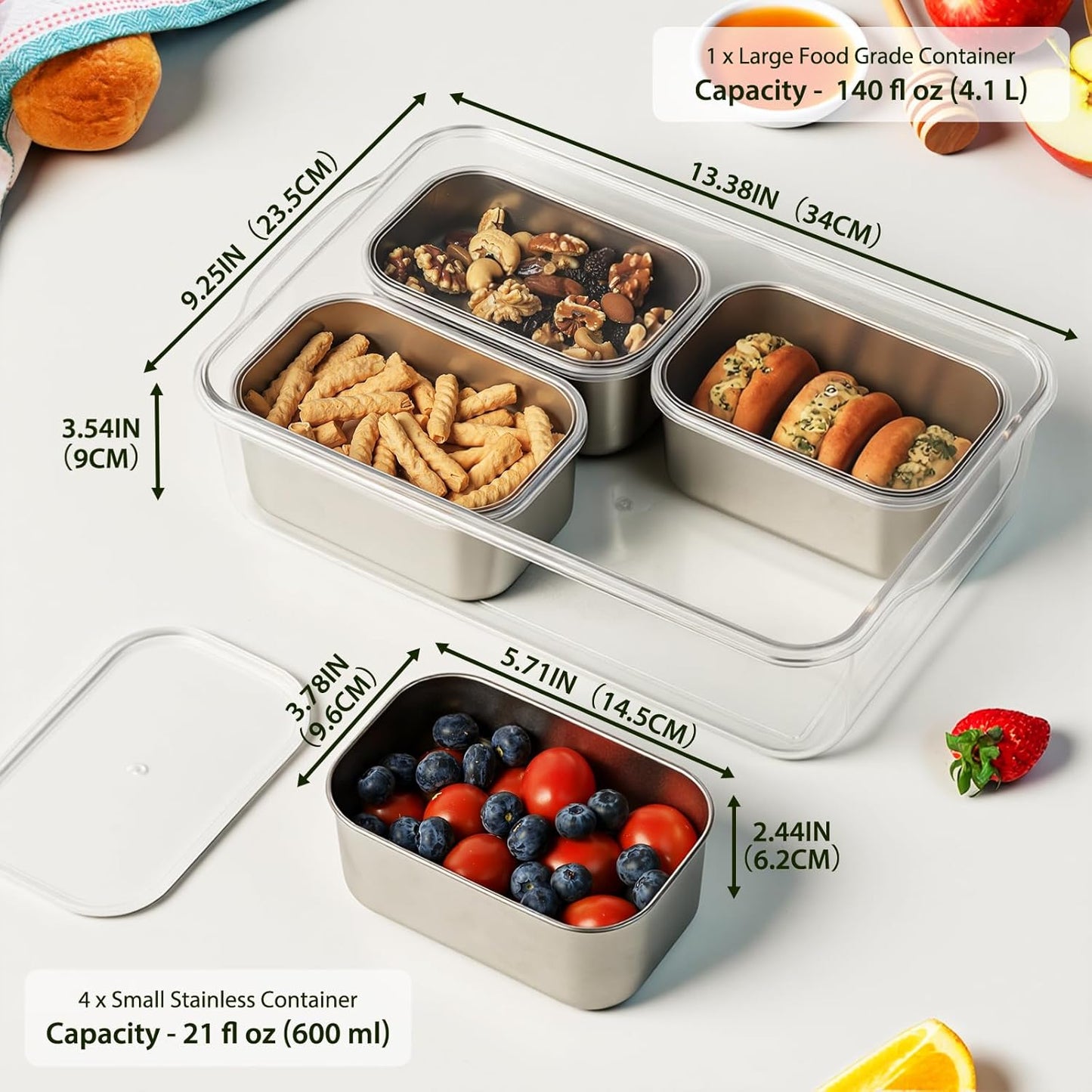 Snackle Box Container, Stainless Steel Divided Serving Tray with Lid and Handle, 8 Compartment Portable Snack Platters - Clear Storage Organizer for Fruit Candy Nuts Veggie - Perfect for Travel Party