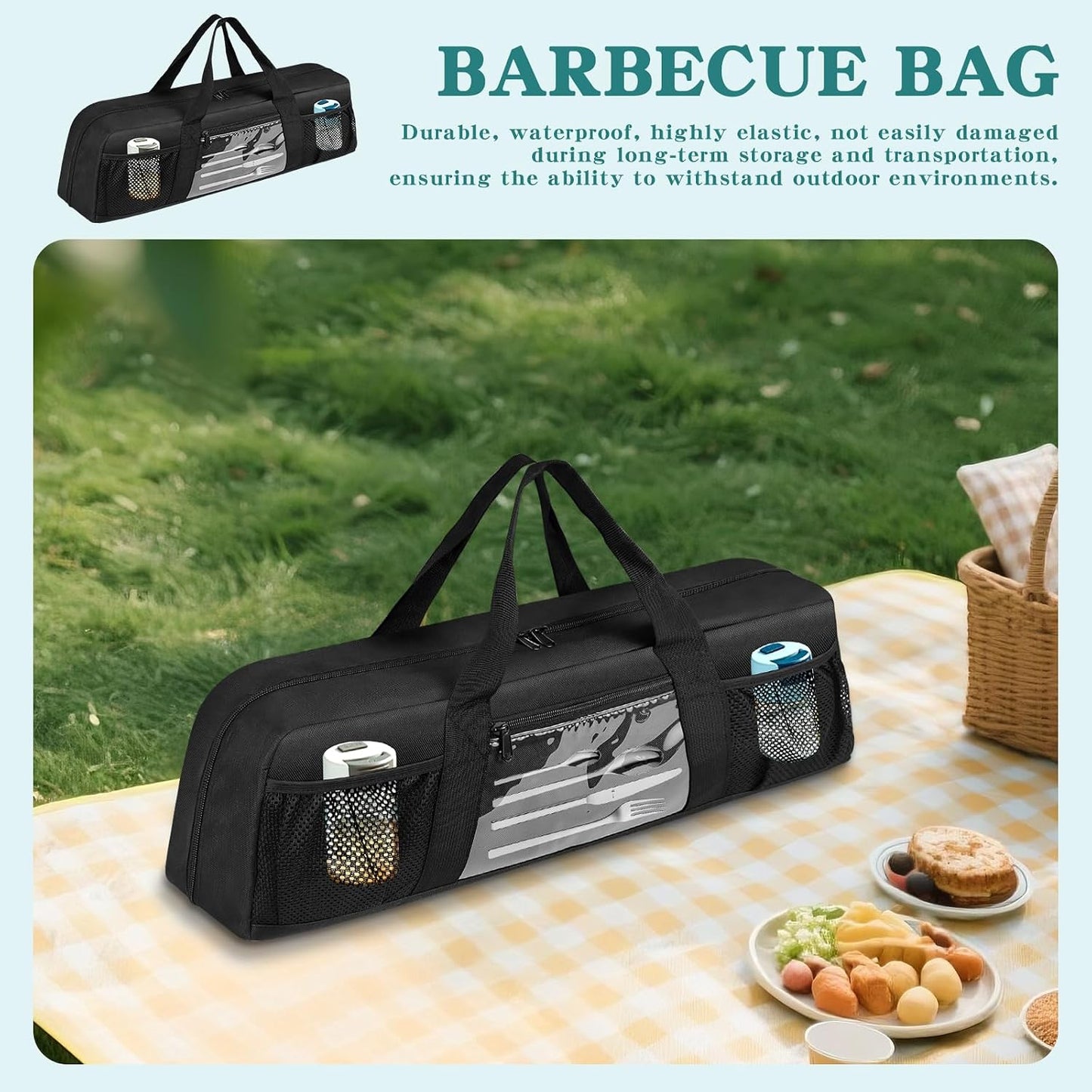 Grill Utensil Storage Bag, Large BBQ Tool Organizer Holder Caddy Case with Pockets, Fits up to 20" Tools, for Outdoor Grilling, Camping, Picnic, Barbecue Accessories (Bag Only, Black)