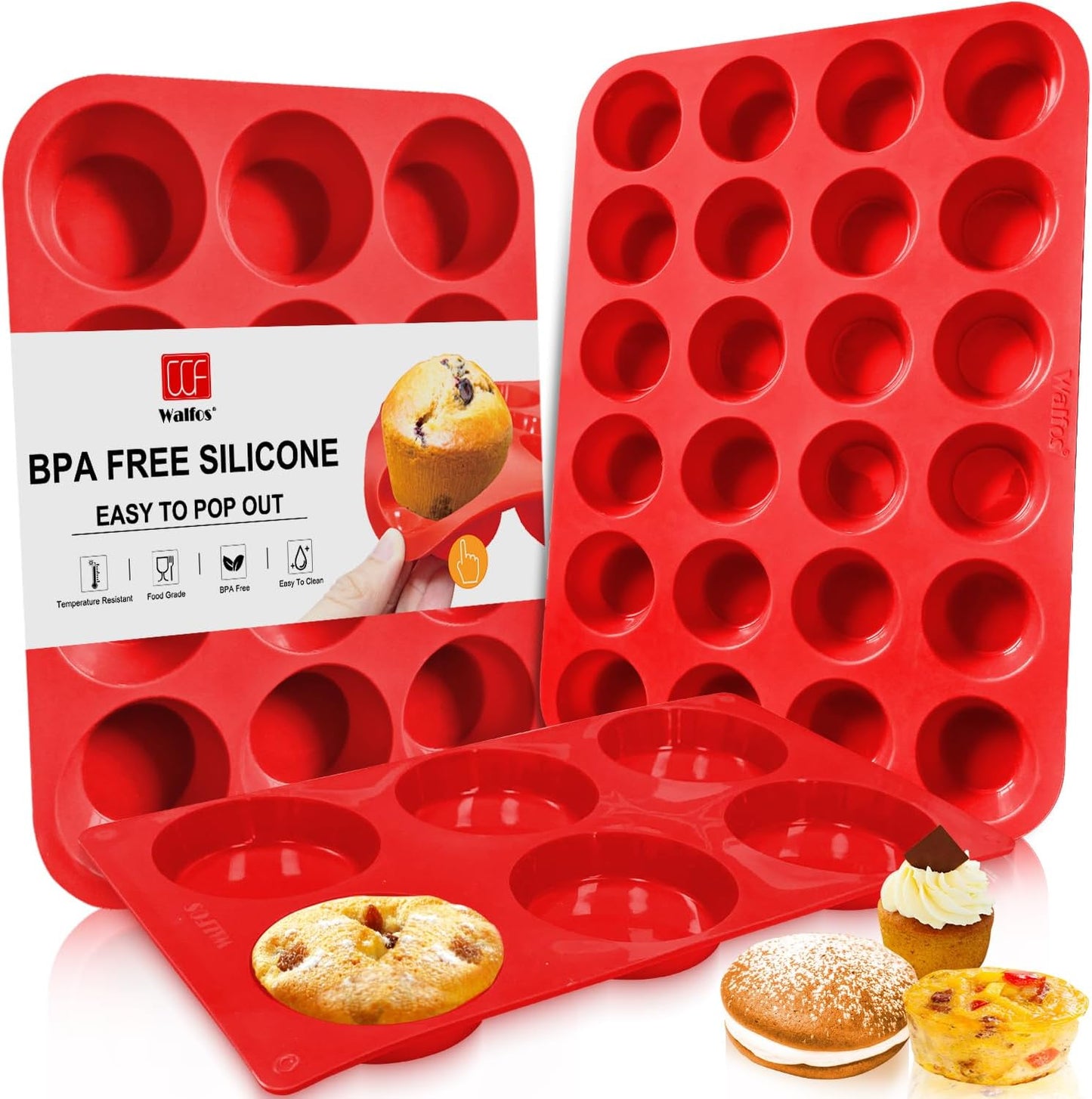 Walfos Silicone Cupcake Pan Set, 2-Piece Mini 24 Cups Muffin Baking Pan, BPA Free and Dishwasher Safe, Non-stick , Great for Making Muffin Cakes, Fat Bombs