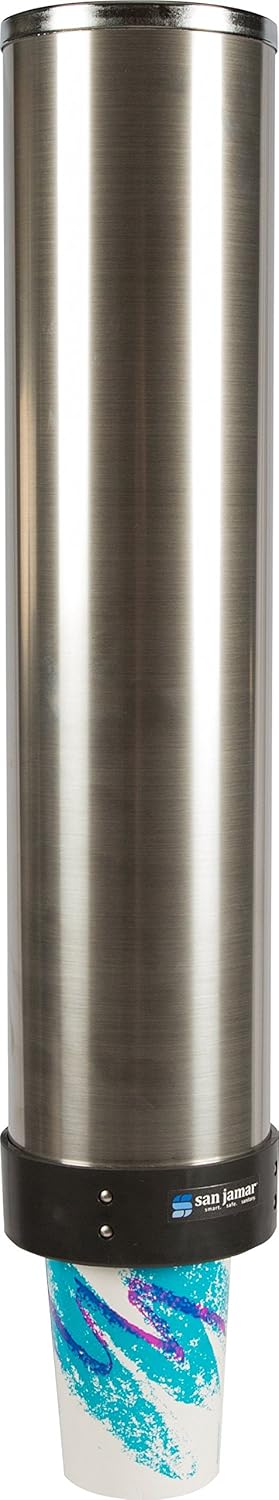 San Jamar Pull-Type Cup Dispenser 12-24 Oz. Cups for Restaurants, Home, and Office, Plastic, 23.5 Inches, Silver