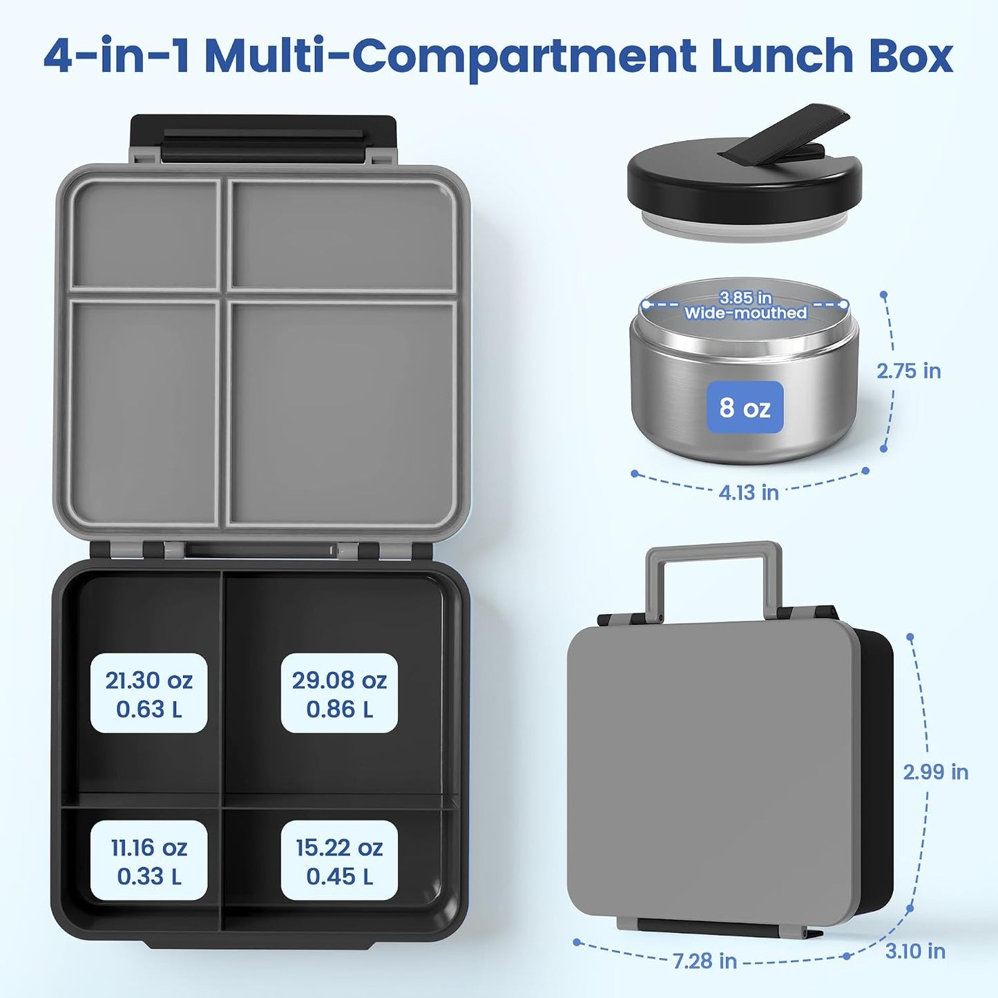 LOHASOK Bento Lunch Box Kids with 8oz Soup Thermo, Leak-Proof Lunch Containers with 4 Compartment, Thermo Hot Food Jar and Insulated Lunch Box for School Blue