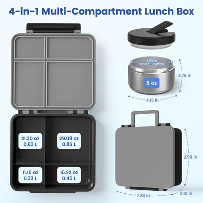 LOHASOK Bento Lunch Box Kids with 8oz Soup Thermo, Leak-Proof Lunch Containers with 4 Compartment, Thermo Hot Food Jar and Insulated Lunch Box for School Blue