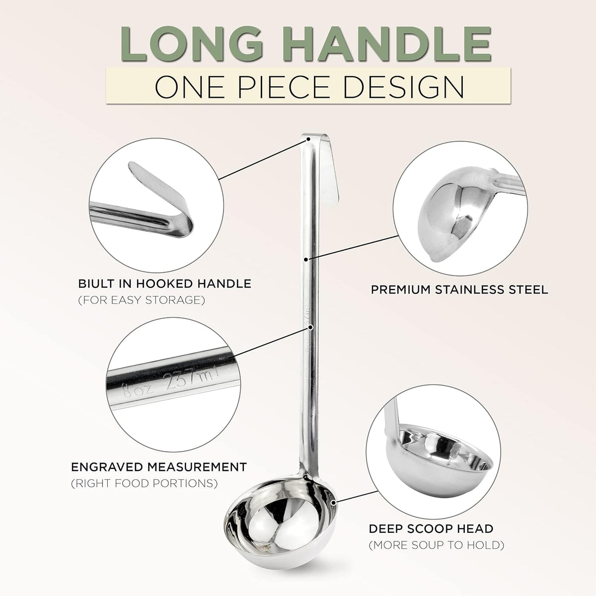 Fit Meal Prep [2 Pack] 2 oz Stainless Steel Soup Ladle, One-Piece Sauce Spatula with Hook Handles, Commercial Grade Serving Spoon, Kitchen Tool for Restaurant or Home Cooking, Mirror Finish, 12" Long
