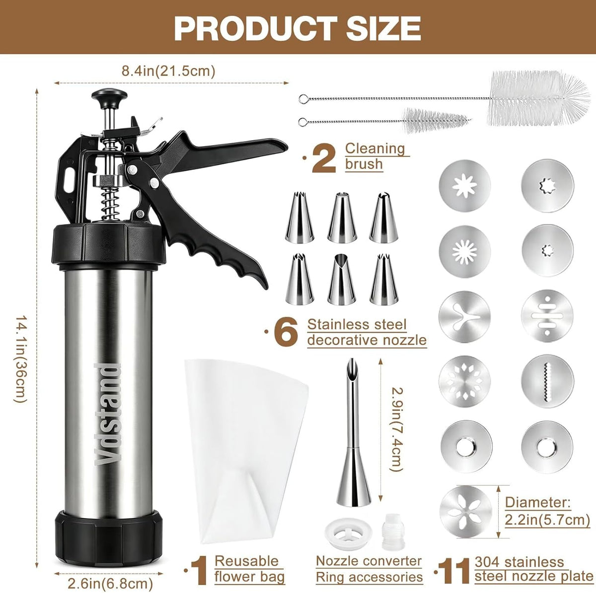 3-in-1 Cookie Press and Churro Maker, Stainless Steel Baking Gun