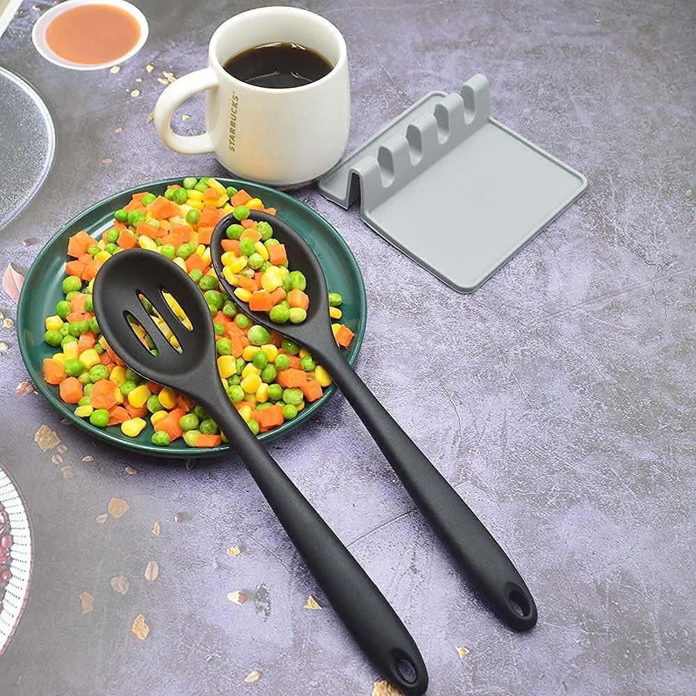 Silicone Nonstick Spoon Set, Slotted & Solid Cooking Spoon 2PCS For Cooking Heat Resistant kitchen Rubber Spoons For Mixing, BPA Free (Casual Black)