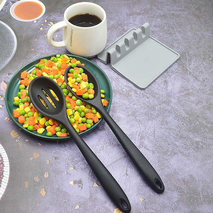 Silicone Nonstick Spoon Set, Slotted & Solid Cooking Spoon 2PCS For Cooking Heat Resistant kitchen Rubber Spoons For Mixing, BPA Free (Casual Black)