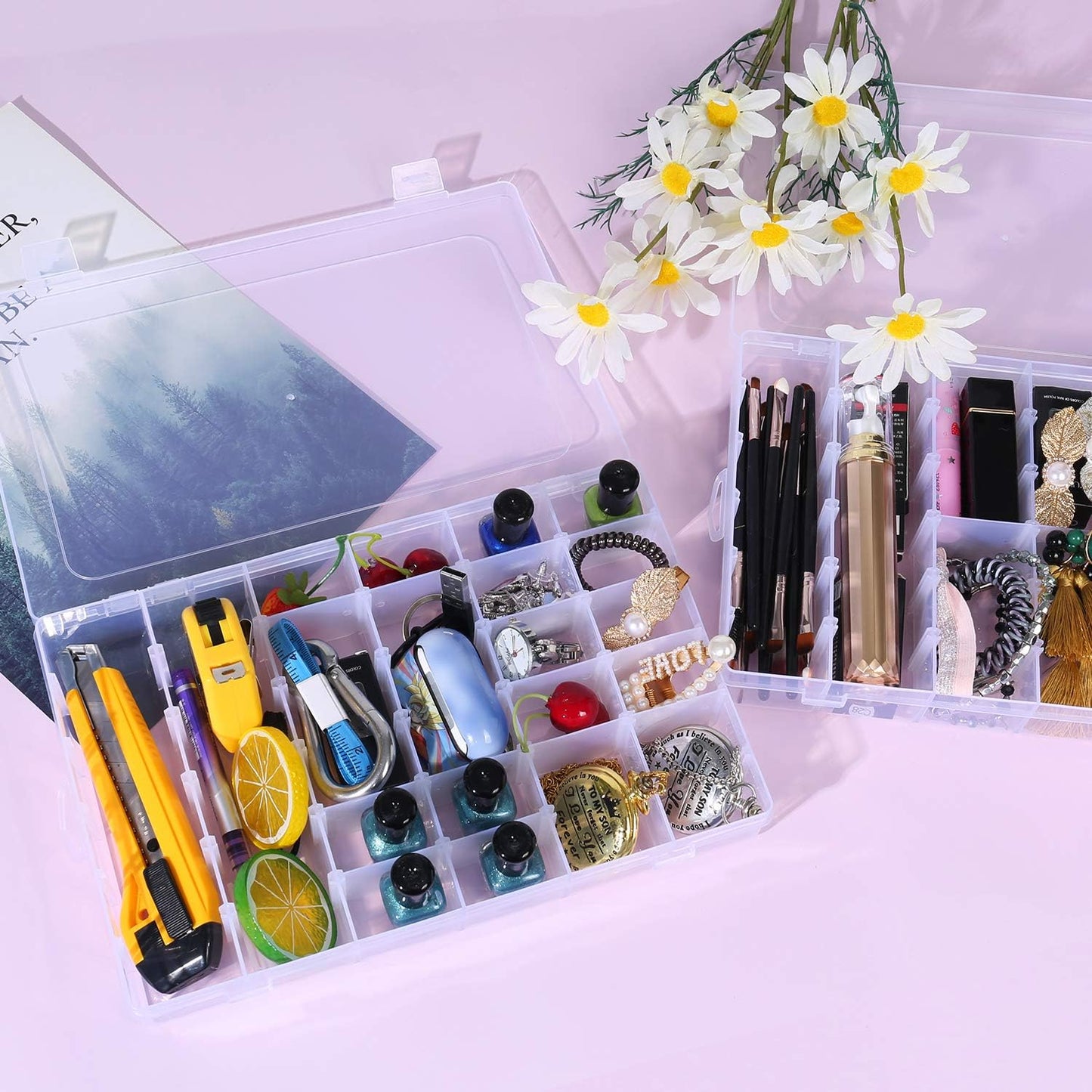 Umirokin 2 Pack 15 Grids Clear Plastic Organizer Box with Adjustable Dividers, Craft Storage Containers for Jewelry, Beads, Screws, Tackle Box, Washi Tapes, Small Parts Organizer for Arts and Crafts