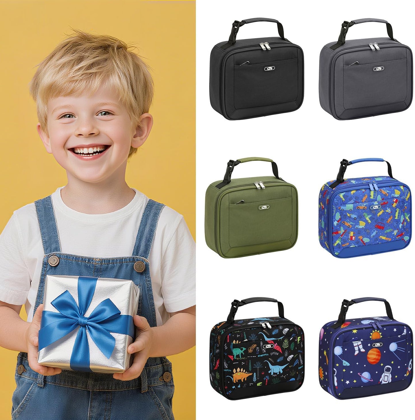 Lunch Box Kids Insulated Lunch Bag for Boys Girls Cute Reusable Lunch Tote Bag Waterproof Portable Thermal Lunch Box Kids for School Picnic Travel Black
