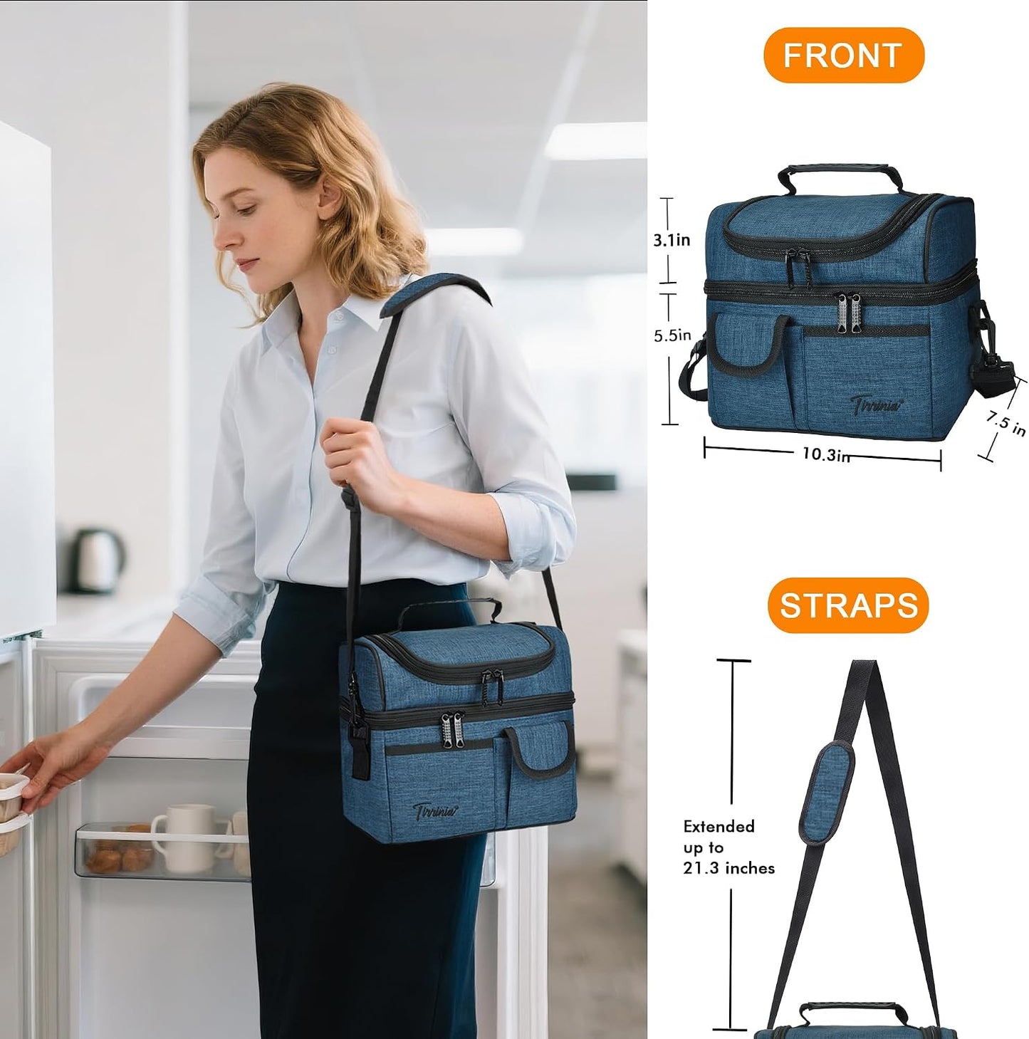 Tirrinia Reusable Lunch Box for Men Women, Insulated Lunch Bag Adult Work, Double Decker Leakproof Lunchbox for Office Picnic Beach—Dual Compartment Lunch Cooler Bag