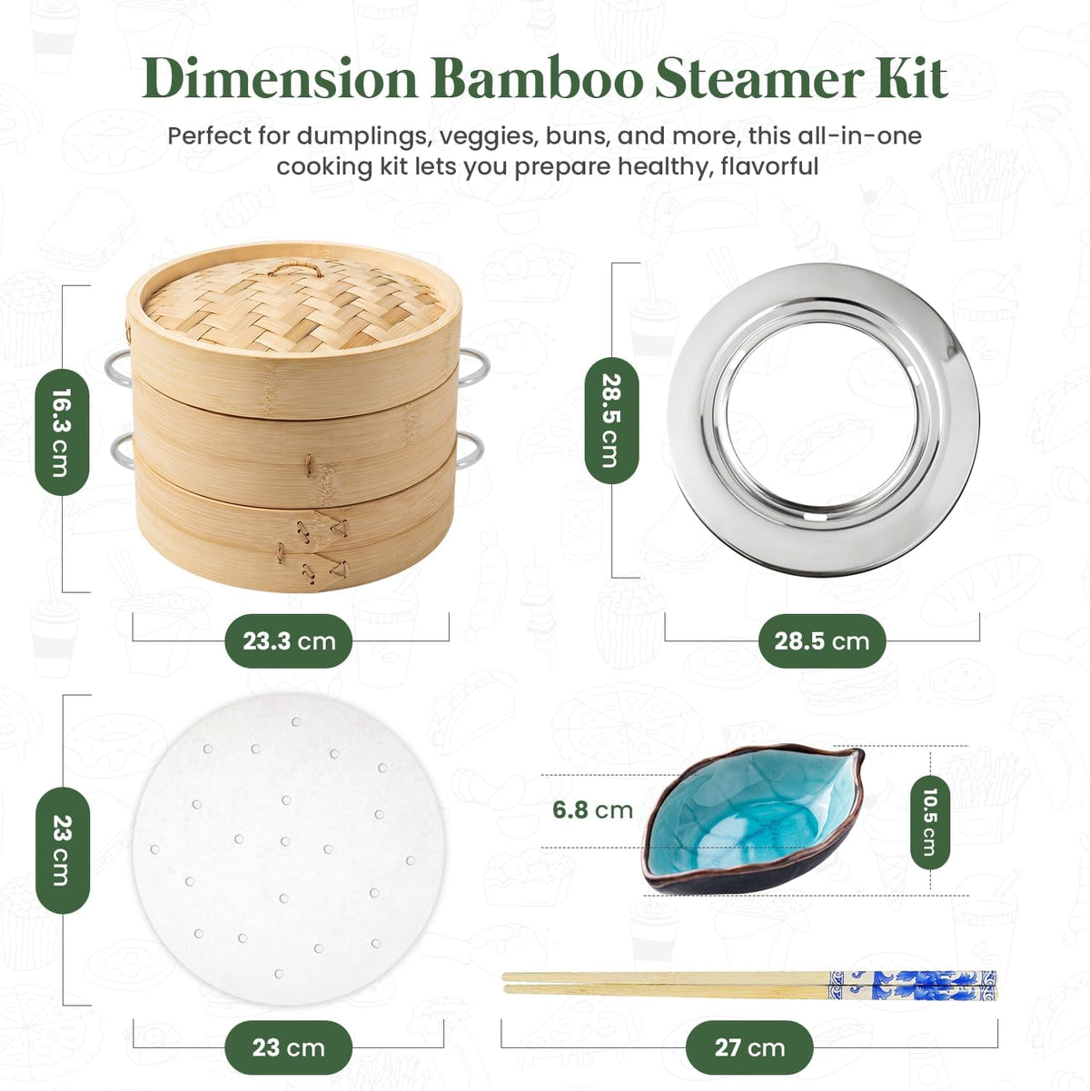 Bamboo Steamer Basket Set, 10 Inch 2-Tier Steamer with Stainless Steel Ring, Chopsticks, Sauce Dishes & 50 Paper Liners