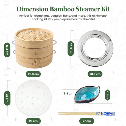 Bamboo Steamer Basket Set, 10 Inch 2-Tier Steamer with Stainless Steel Ring, Chopsticks, Sauce Dishes & 50 Paper Liners