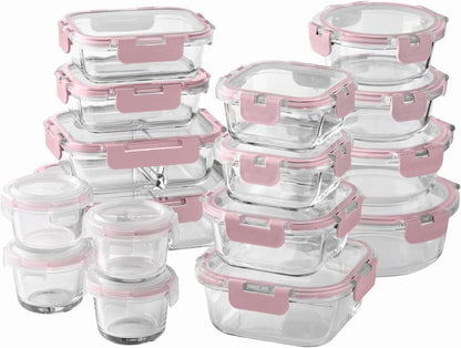 COOK WITH COLOR Premium 32-Pc. Borosilicate Glass Food Container Set with Dividers - 4 Rectangles, 8 Rounds, 4 Squares - Leakproof Lids - Meal Prep, Storage, Grey