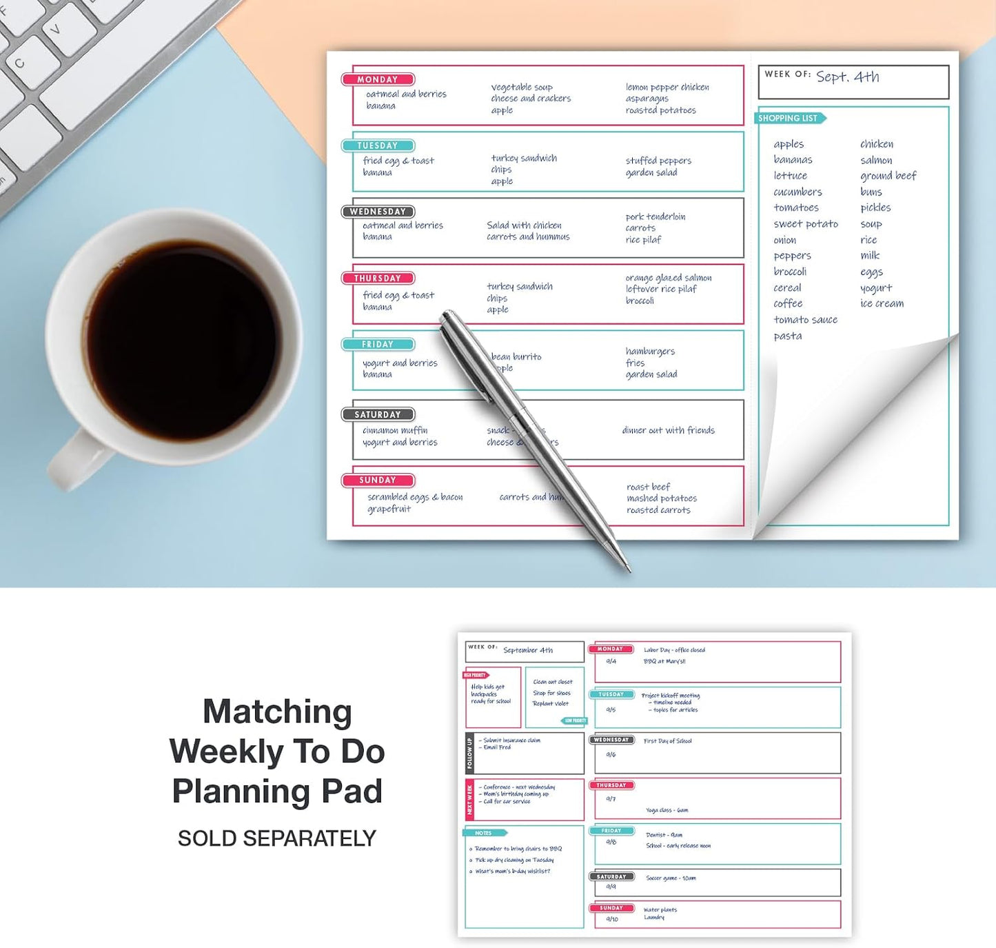 Global Printed Products 8.5" x 11" Horizontal Meal Planning Pad, 60-Sheets, Soft Pink Floral