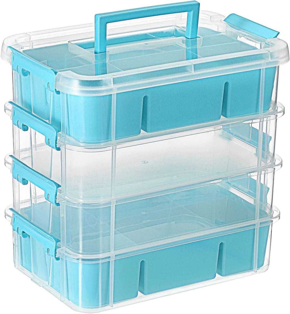 JUXYES 4-Tiers Plastic Stack Carry Storage Containers Box wih Handle Lids | Clear Stackable Latching Storage Bin With 2 Tray for School Office, Organizing Sewing, Art Craft, DIY Supplies, Blue