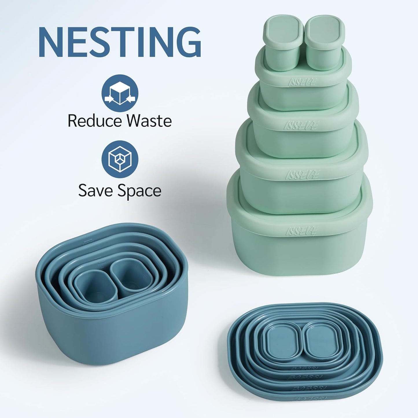 ISSEVE 12Pcs/Set Nesting Silicone Food Storage Containers with Lids, BPA Free Reusable Meal Prep Silicone Containers Airtight, Freezer Dishwasher Safe (33.8oz, 20oz, 10oz, 6.7oz, 1.3oz) (Beige)