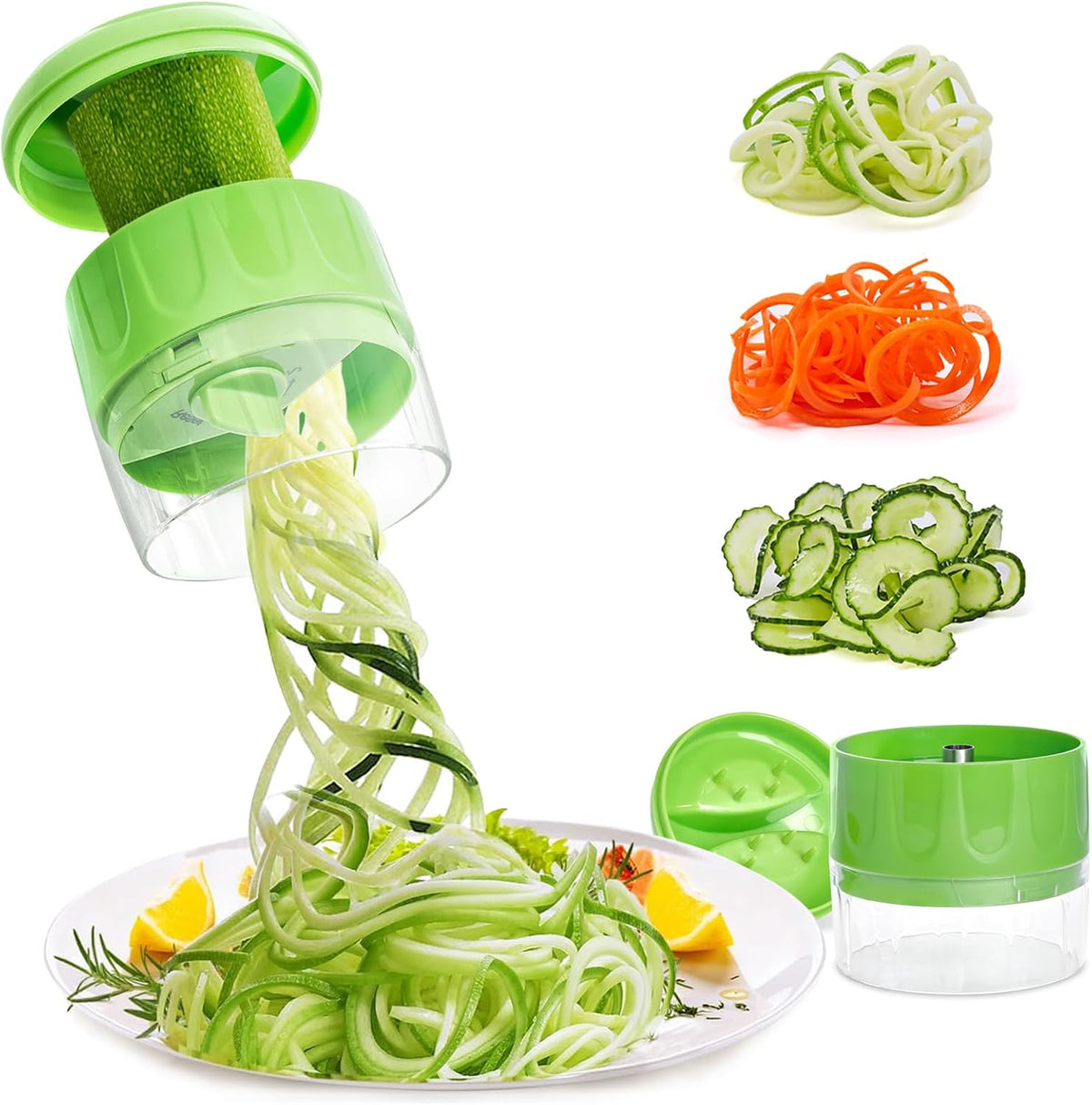 3-in-1 Vegetable Spiralizer Slicer, Adjustable Mandoline Spiral Cutter for Zucchini Noodles, Carrots, Cucumber (Green)