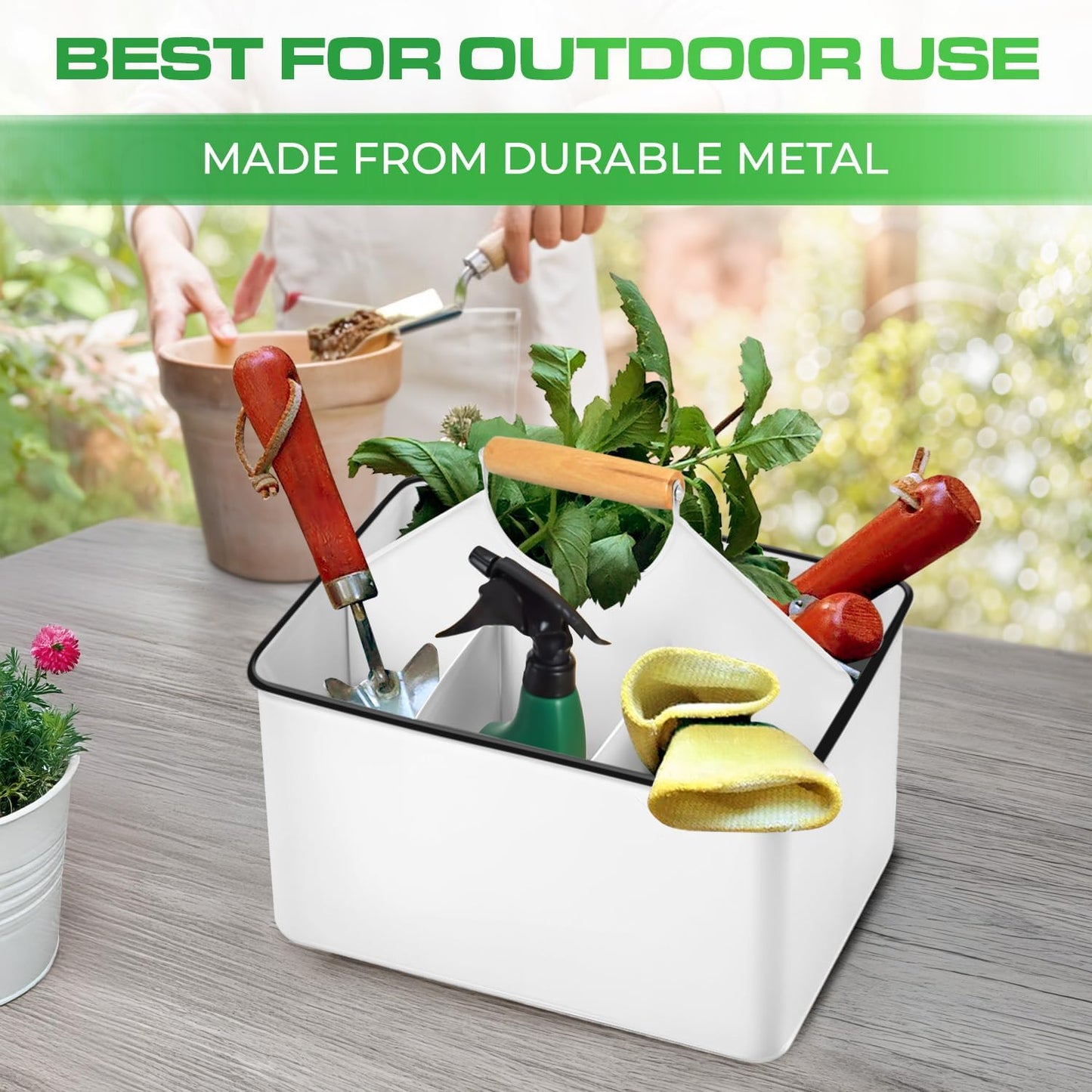 Plexon Metal Utensil Caddy With Handle - Farmhouse Rustic Kitchen Utensil Holder for Party Picnic Table Garden - Tool Cutlery Flatware Silverware Caddy Organizer Storage, Red