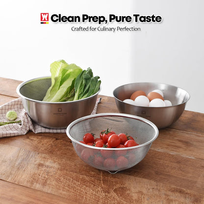 WAGENSTEIGER Stainless Steel Mixing Bowl and 3-Legged Colander Set, Multipurpose Kitchen Basket with Fine Mesh Colander, Salad Mixing Bowl with Strainer, Rinsing Vegetables & Fruits (24cm / 9.45")
