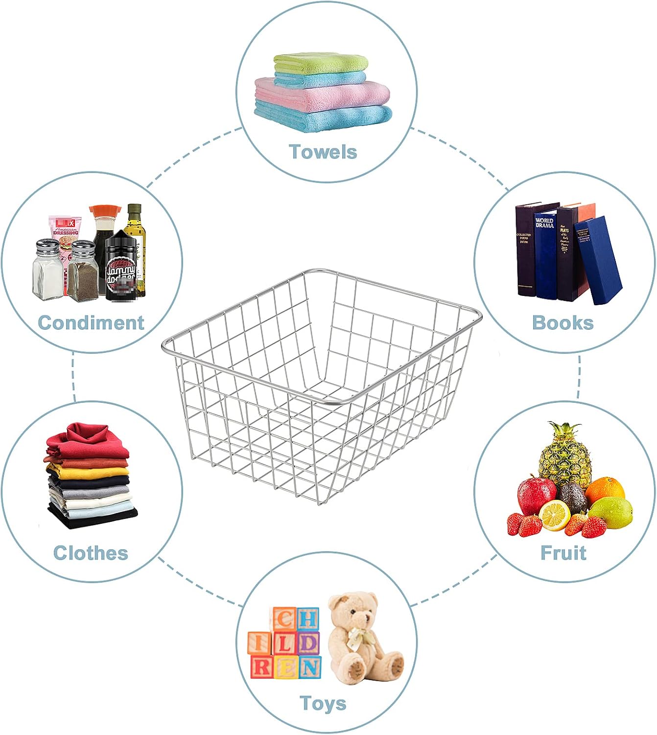 JUNCHU CHERRY Wire Kitchen Storage Basket 4 Packs,Perfect Pantry Organization Accessories Baskets,Laundry Basket,Countertop Organization,Suitable for Kitchen,Bathroom,Bedroom,Tabletop,Stackable,Chrome
