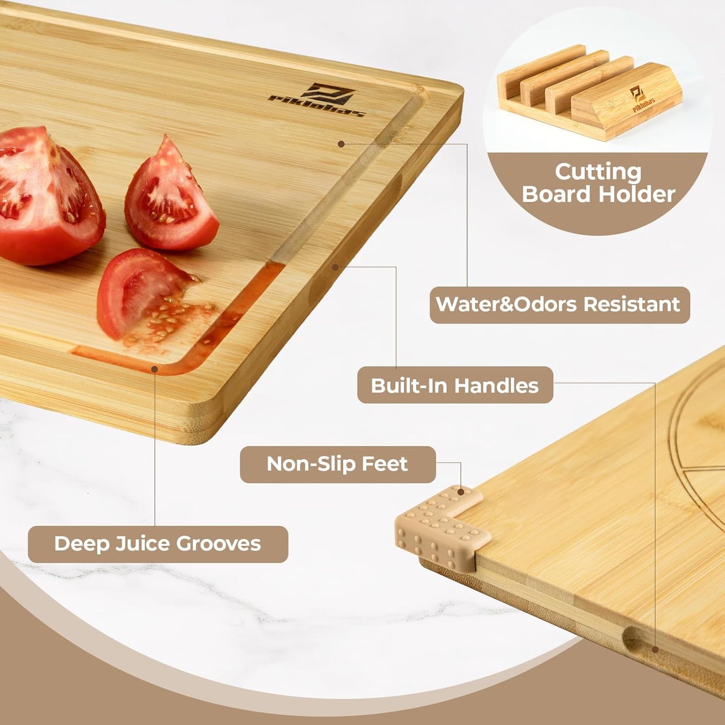 Cutting Boards Large Set of 7, Acacia Wood Charcuterie Chopping Board for Kitchen with Holder Non Slip Feet, Plastic Serving Board Mats, Juice Groove, Reversible Butcher Block for Meat Cheese Bread