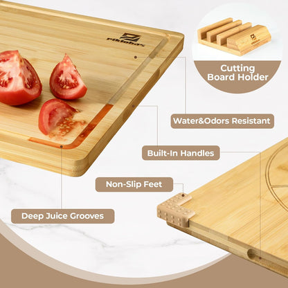 Cutting Boards Large Set of 7, Acacia Wood Charcuterie Chopping Board for Kitchen with Holder Non Slip Feet, Plastic Serving Board Mats, Juice Groove, Reversible Butcher Block for Meat Cheese Bread