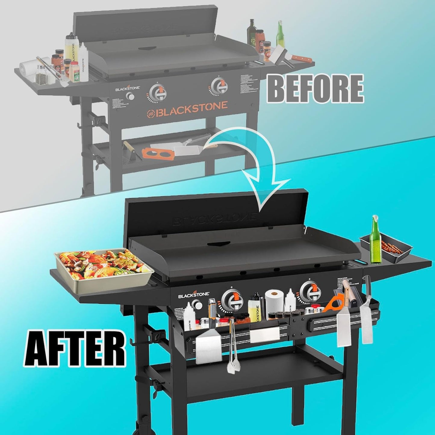 Front Griddle Caddy with 2-Pack Magnetic Tool Holders for Blackstone 36 inch Griddle, Large Capacity Front Tool/ Bottle Shelf for Easy Access, Grill Caddy for Blackstone Griddle Accessories 36 inches