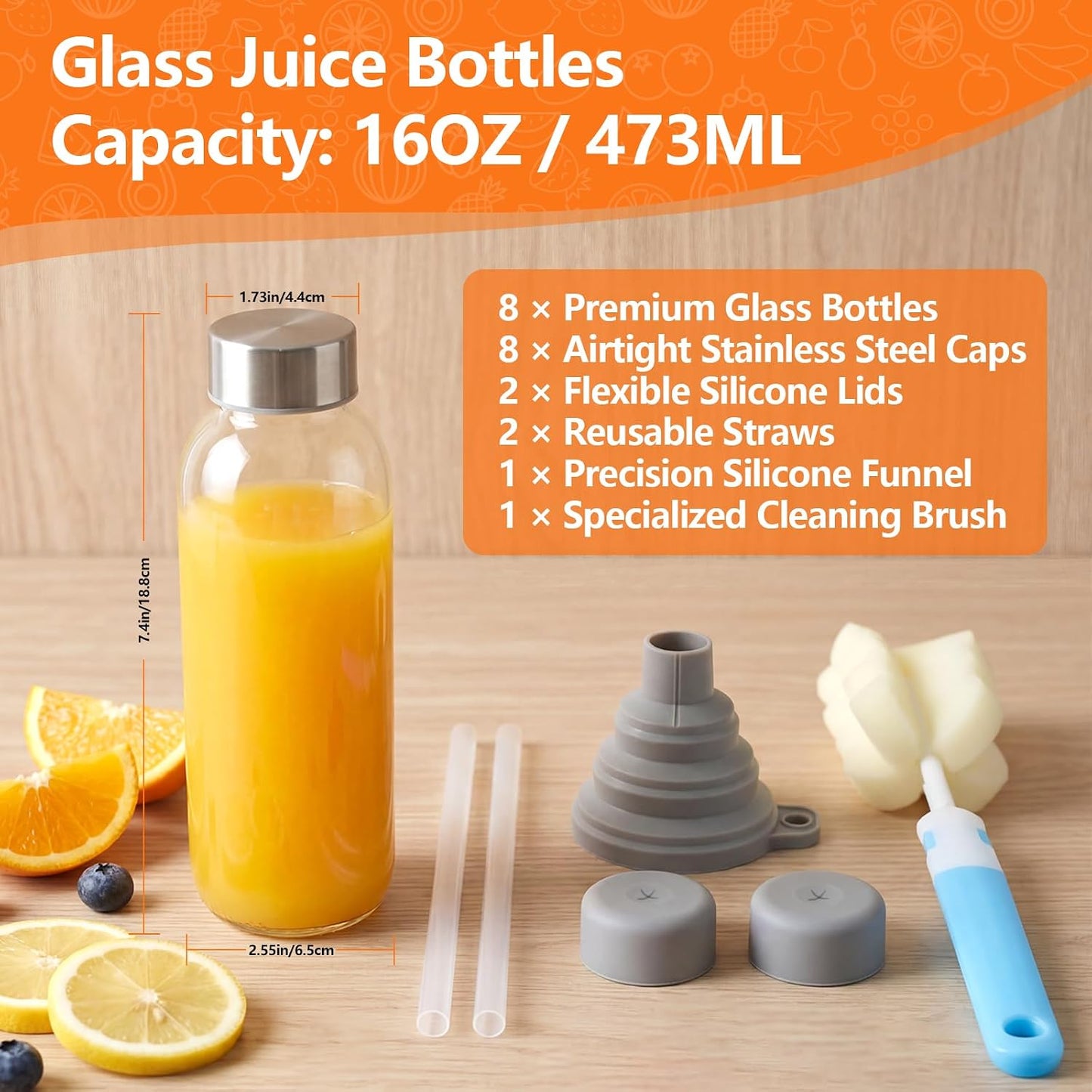 Glass Juice Bottles with Lids 10 oz, 6 Pack Reusable Small Glass Bottles with Stainless Steel Caps & Straws, BPA-Free Leak proof Juice Bottle Containers for Juicing, Milk, Smoothies & Fridge