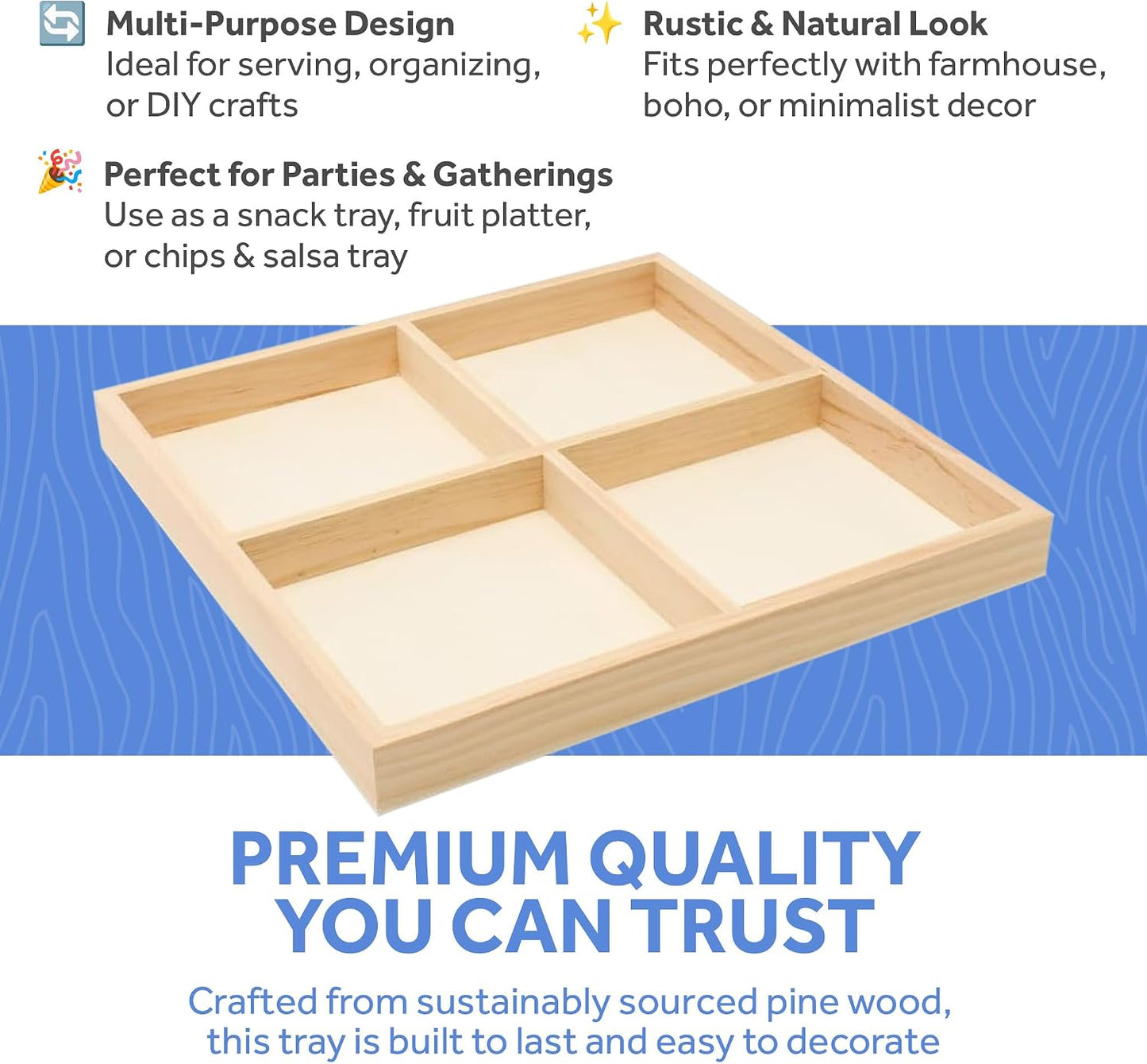 DIY Rectangle Wooden Divided Serving Tray 12 x 8-inch, Pack of 1 6-Section Candy Tray for Vegetable & Fruit Party Platters, by Woodpeckers