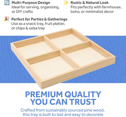 DIY Rectangle Wooden Divided Serving Tray 12 x 8-inch, Pack of 1 6-Section Candy Tray for Vegetable & Fruit Party Platters, by Woodpeckers