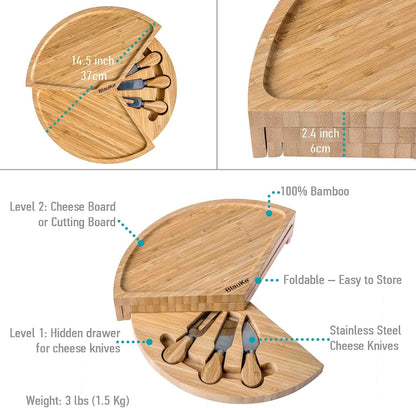 Bamboo Cheese Board and Knife Set – 14 inch Round Charcuterie Board, Serving Tray, Platter, Wood Cheeseboard Set with Slide-Out Drawer – BlauKe®