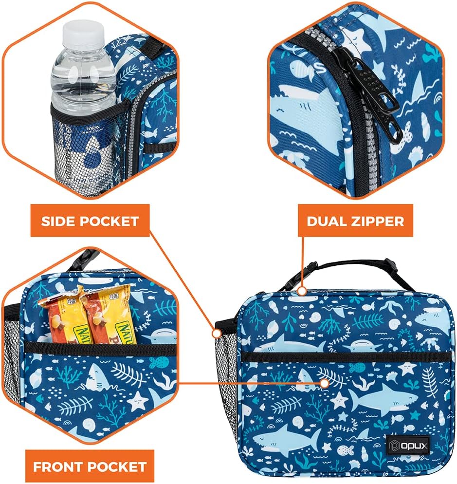 opux Insulated Lunch Bag Kids, Lunch Box for School Boy Girl, Leakproof Small Reusable Compact Soft Mini Cooler Bag, Toddler Small Lunch Boxes Kit Pail with Front Side Pockets (Purple)