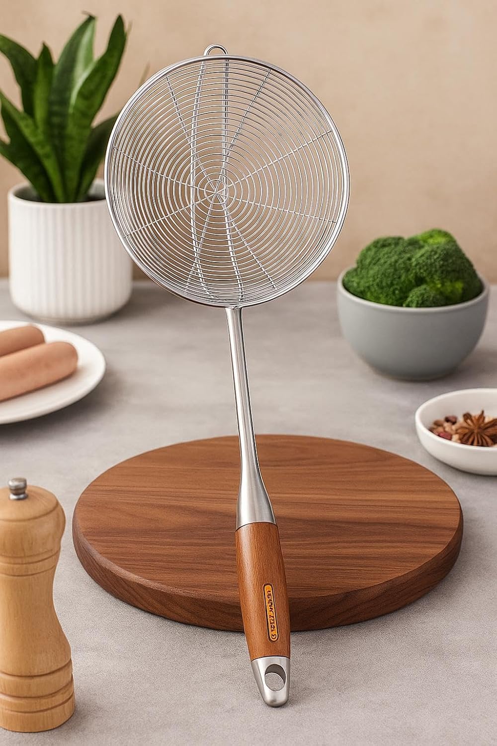 Spider Strainer Skimmer Spoon with Wooden Handle – Stainless Steel Deep Fry Strainer for Tempura, Frying, Hot Pot & Pasta – Heat Resistant Kitchen Skimmer Spoon
