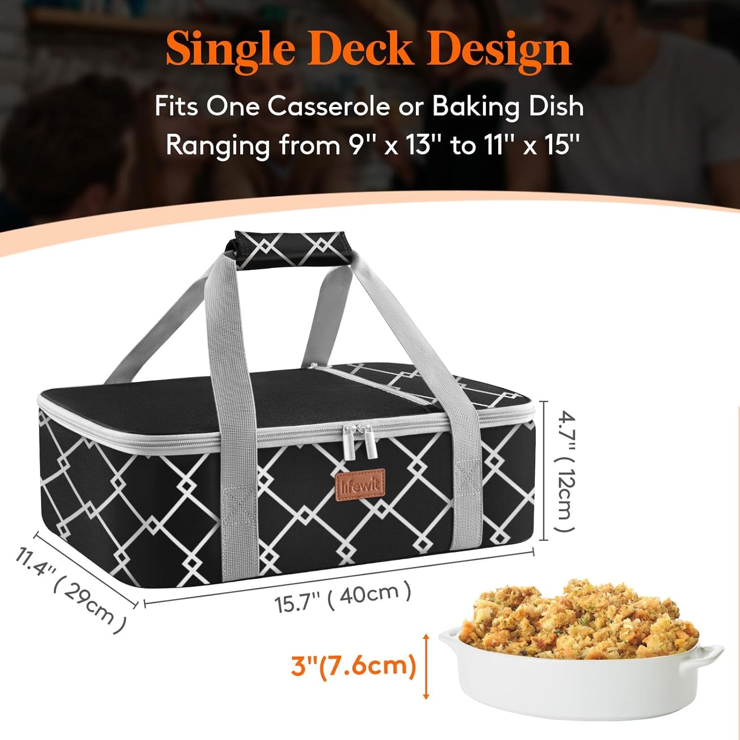 Lifewit Insulated Single Decker Casserole Carrier, Lasagna Lugger Holder for Hot or Cold Food, Fits 9" x 13" Baking Dish, Thermal Lunch Tote Bag for Potluck Parties, Picnic and Cookouts, Grey