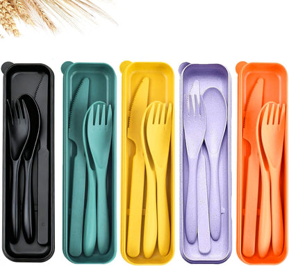 Travel Utensils Set - Reusable 5 Sets Wheat Straw Plastic Cutlery with Case, Portable Forks Spoons and Knives Set, Eco-Friendly BPA Free for Daily Use (5 Purple)