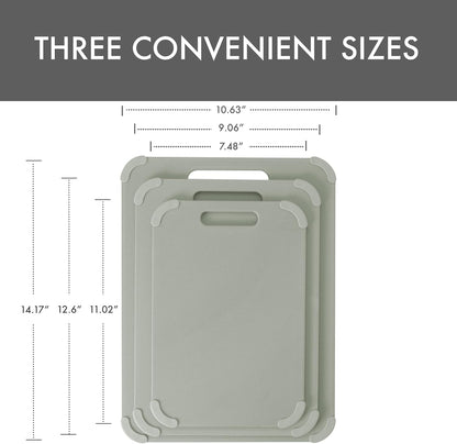 Dexas Fresh Prep 3-Pack Non-Slip Cutting Board Set – Dishwasher Safe Plastic Boards with Silicone Grip Corners & Handle, Sage (14.17" x 10.63", 12.6" x 9.06", 11.02" x 7.48")