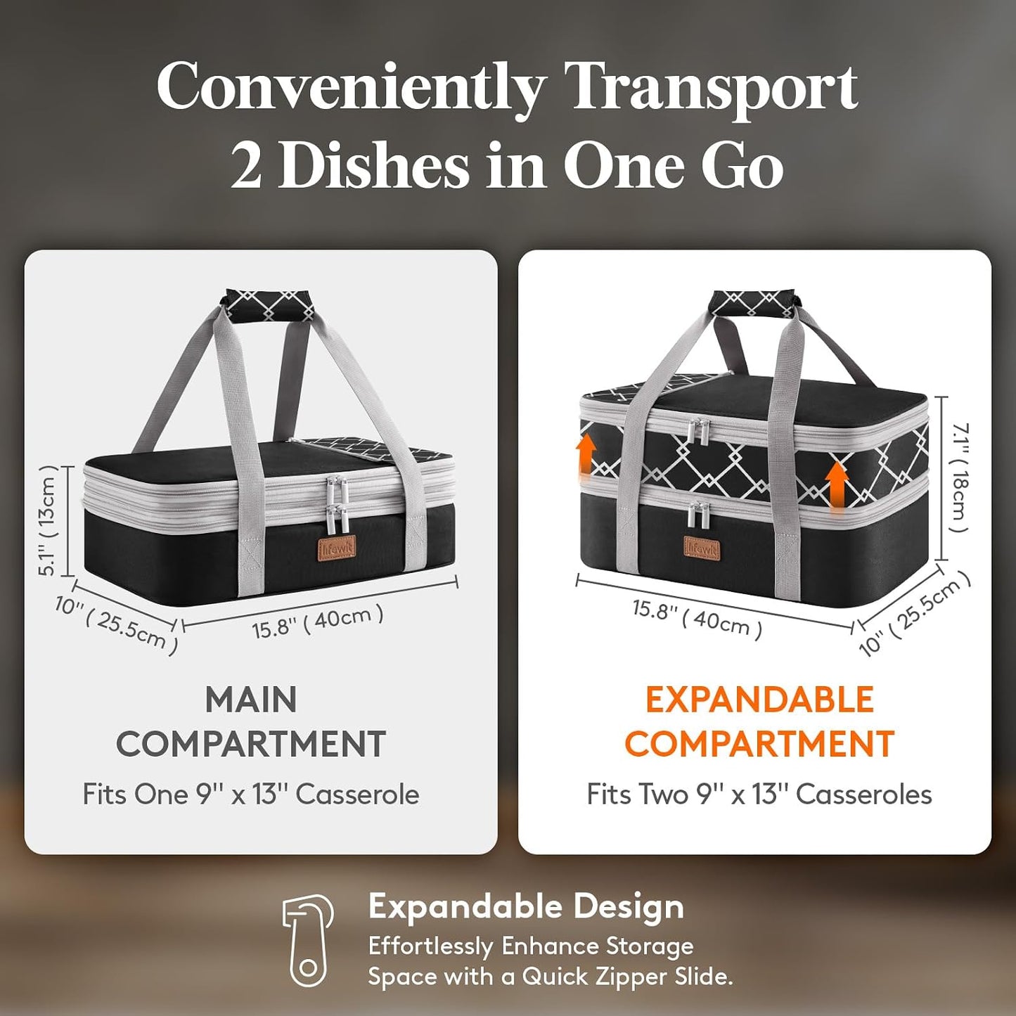 Lifewit Insulated Double Decker Casserole Carrier, Expandable Lasagna Lugger Tote Bag for Hot or Cold Food, Fits 9" x 13" Baking Dish for Potluck Parties, Picnic and Cookouts, Grey-Geometric