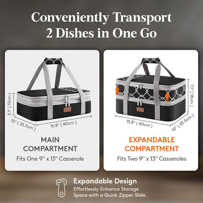 Lifewit Insulated Double Decker Casserole Carrier, Expandable Lasagna Lugger Tote Bag for Hot or Cold Food, Fits 9" x 13" Baking Dish for Potluck Parties, Picnic and Cookouts, Grey-Geometric