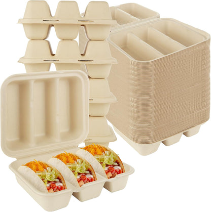 50 PCS Disposable Taco Holders with Lids Taco Plates with 3 Dividers Taco Trays Disposable To Go Taco Holders for Party Pulp Fiber To Go Taco Containers for 3 Taco Bar Serving Set for a Party