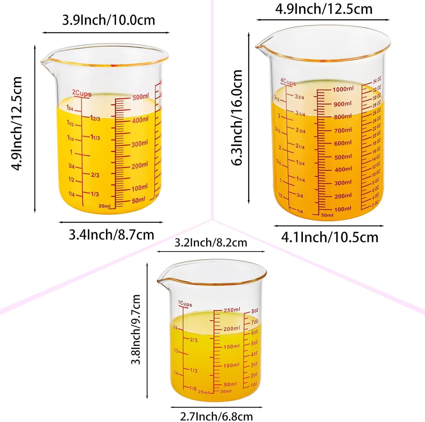 3 Piece Glass Measuring Cup Set, Includes 1/2-Cup, 1-Cup, and 2-Cup High Borosilicate Glasss Liquid Measuring Cups, Dishwasher, Freezer, Microwave, and Preheated Oven Safe, Essential Kitchen Tools