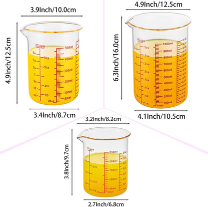 3 Piece Glass Measuring Cup Set, Includes 1/2-Cup, 1-Cup, and 2-Cup High Borosilicate Glasss Liquid Measuring Cups, Dishwasher, Freezer, Microwave, and Preheated Oven Safe, Essential Kitchen Tools