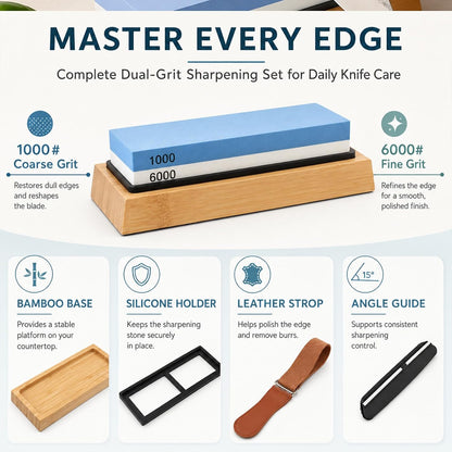 Knife Sharpening Stone Set, 1000/6000 Grit Dual-Sided Whetstone
