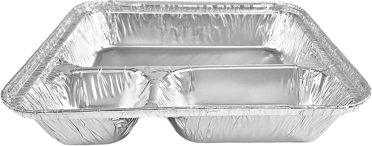 PACTOGO Large 3-Compartment Oblong Aluminum Foil Take-Out Pan Senior Feeding TV Dinner Entrée Tray w/Board Lid (Pack of 10 Sets)
